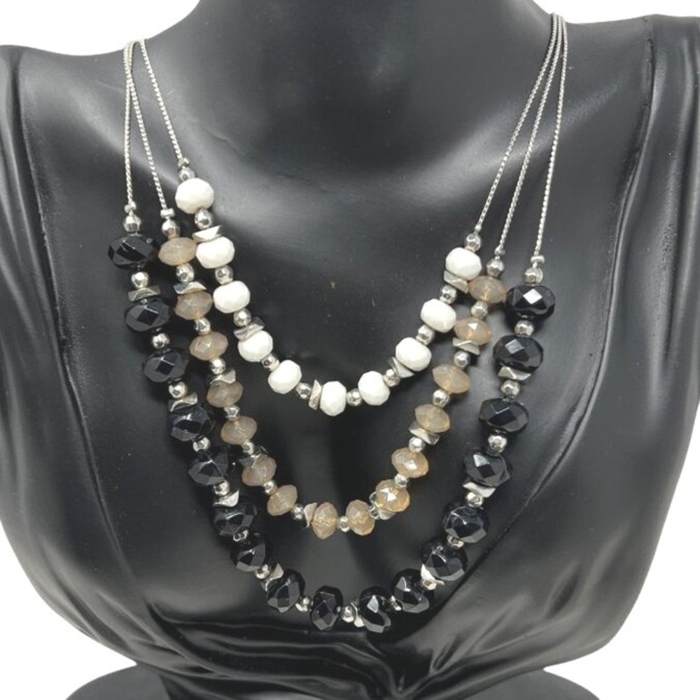 NY Statement Necklace Multi Chain Layered‎ Black White Pink Beads Silver Tone